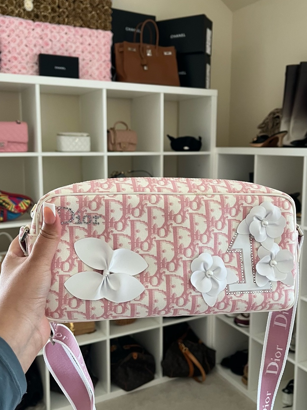 Dior Beige and White Oblique Floral Canvas Shoulder Bag